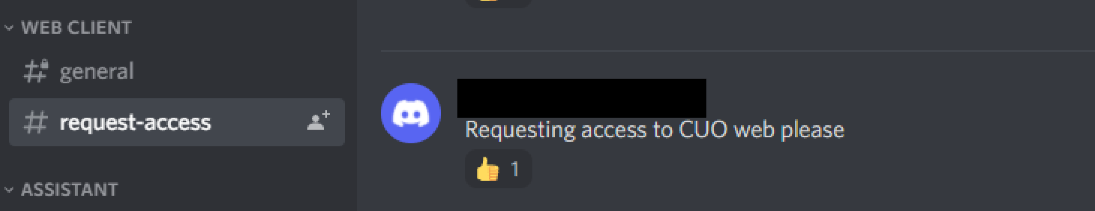 An image of the access request Discord channel and message for the ClassicUO Web Client.