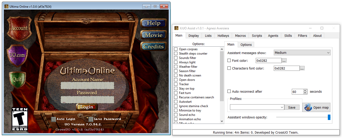 An image of the login screen with the CrossUO assistant window.