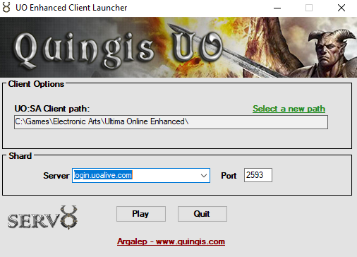 An image of the Enhanced Client Launcher with the correct information in place to play on UOAlive.