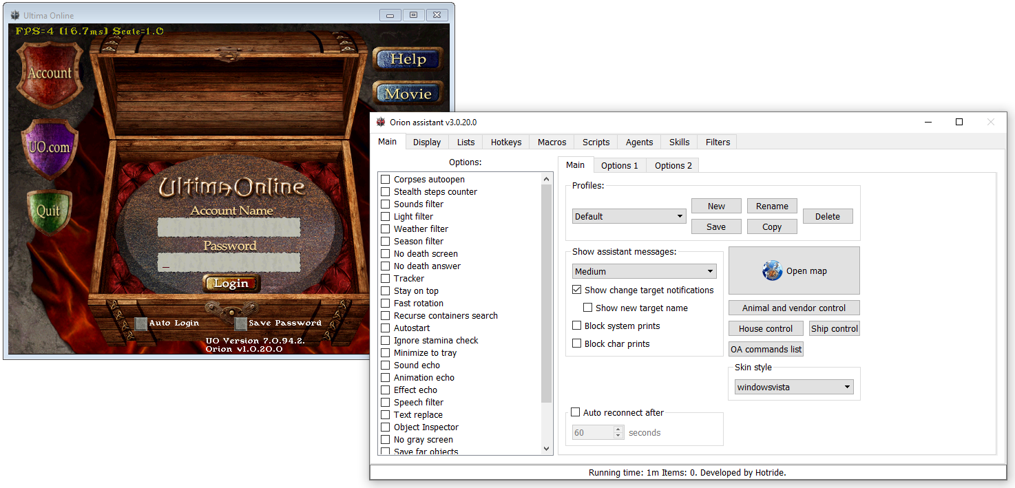 An image of the login screen with the OrionUO assistant window.