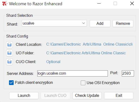 An image of the Razor Enhanced launcher with the correct information in place to play on UOAlive.