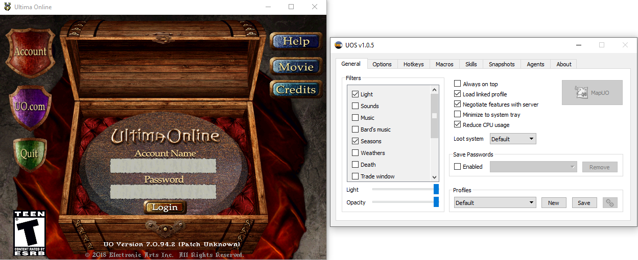 An image of the login screen with the UOSteam assistant window.
